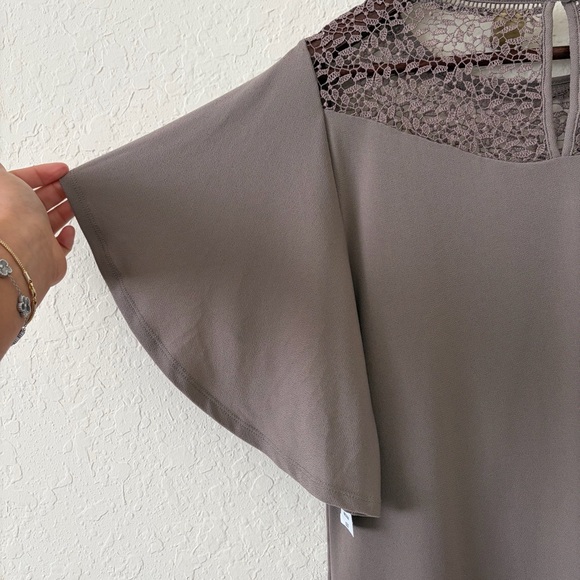 NWT Worthington Taupe Lace Yolk Accent Ruffle Flounce Sleeves Blouse Quiet Lux - Picture 9 of 9